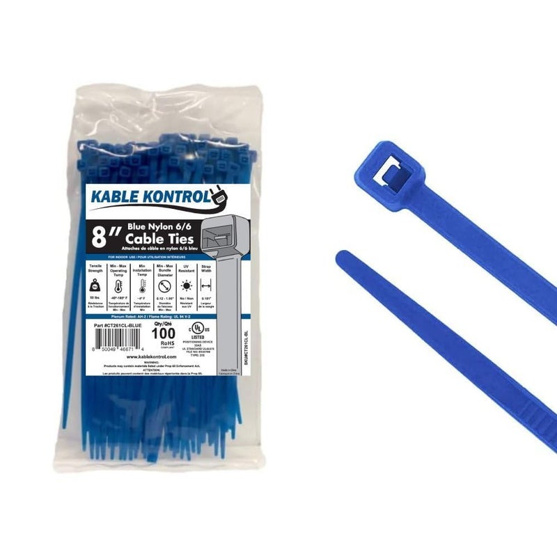 Kable Kontrol Blue Zip Ties 8 Inch 100 Pcs, 50 Lbs Tensile Strength, Self-locking Nylon Colored Cable Ties Wire Wraps for Indoor or Outdoor Use - Image 1